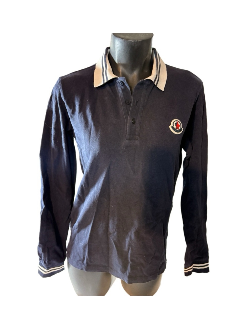 Moncler Navy Long-Sleeve Polo with Contrast Stripe Collar